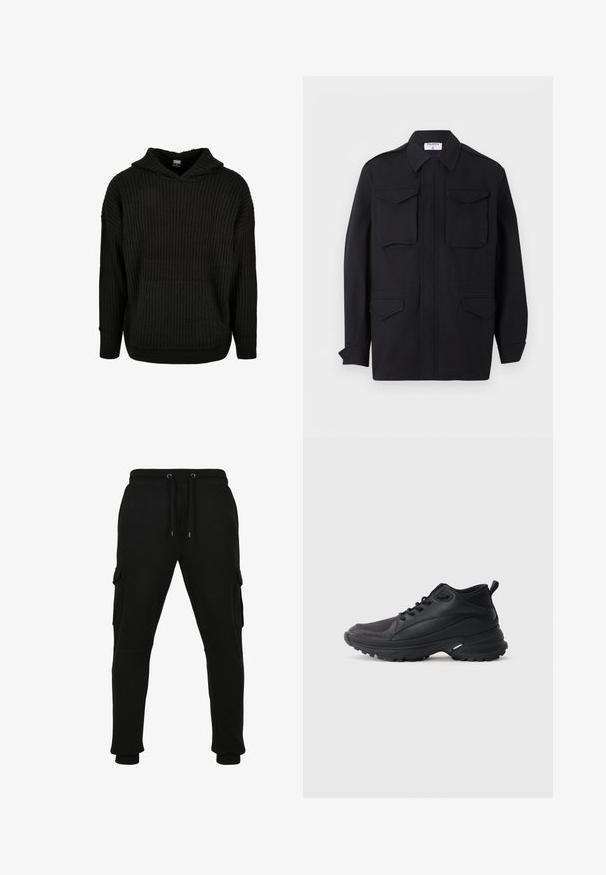 Zwarte lange mouwen jas met een kraag en vier klepzakken aan de voorkant, voorzien van een verborgen sluiting aan de voorkant en manchetknopen.; Zwarte geribbelde gebreide hoodie met een voorzak en een capuchon met trekkoord. Heeft een losse fit en een gestructureerd patroon op de stof.; Zwarte joggingbroek van een katoenmix, met een waistband met trekkoord, zijcargo zakken en ribgebreide manchetten. Gladde textuur.; Zwarte sportschoenen gemaakt van synthetisch materiaal. Voorzien van een gevoerde kraag, ronde neus, stevige buitenzool met grip en merkembleem.