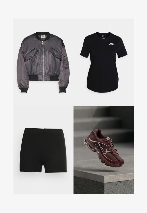 Bomberjakke i mørkegrå satin med to brystlommer, lynlås-lukning, ribbede manchetter og ribbet kant. Glat, skinnende overflade.; Sort bomulds t-shirt med korte ærmer, der har et hvidt Nike-logo på brystet, rund halsudskæring og en lige kantdesign.; Sorte bomulds shorts med et tætsiddende design og elastisk talje. Glat tekstur, længde til midt på låret, og uden synlige mønstre eller accenter.; Bordeauxrød Nike løbesko med meshstof, polstret krave, tyk sål og hvide detaljer. Designet har en rundet tå og markante snørebånd.