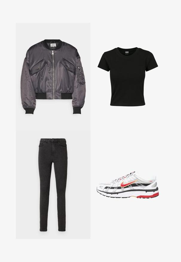 Veste bomber en satin gris foncé, dotée de deux poches poitrine, d'une fermeture éclair, de poignets à côtes et d'un ourlet à côtes. Texture lisse et brillante.; T-shirt noir à manches courtes en coton lisse, avec un col rond et une coupe ajustée. Aucun motif ou accent visible.; Jean skinny noir en denim, avec une taille haute, cinq poches et une texture subtile. Lavable en machine avec une braguette à fermeture éclair.; Chaussures de sport blanches et noires avec des accents rouges et dorés. Elles possèdent une tige en mesh, une semelle rembourrée et un design de laçage sécurisé.