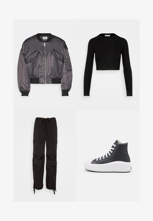 Bomberjakke i mørkegrå satin med to brystlommer, lynlås-lukning, ribbede manchetter og ribbet kant. Glat, skinnende overflade.; WAL G. X JOEY BACK DETAIL - Langærmet T-shirt - black; Monki Cargobukser - black dark svart; Sorte høje sneakers med hvide snørebånd og gummisål. Har en glat læderstruktur og hvide stikninger.