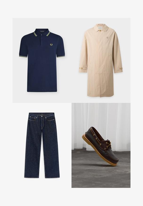 Long manteau beige avec poignets boutonnés, un seul bouton supérieur visible, deux poches latérales et un petit logo brodé sur la poitrine gauche.; Polo bleu marine à manches courtes avec patte à deux boutons, col et poignets rayés, et petit logo laurier jaune sur la poitrine.; Jean en denim bleu foncé, coupe droite, avec fermeture par bouton, poches avant et arrière, et détails de coutures visibles.; Chaussure bateau en cuir brun foncé avec semelle marron clair et détails en lacets, vue en angle au-dessus d'un sol gris avec des rideaux blancs en arrière-plan.