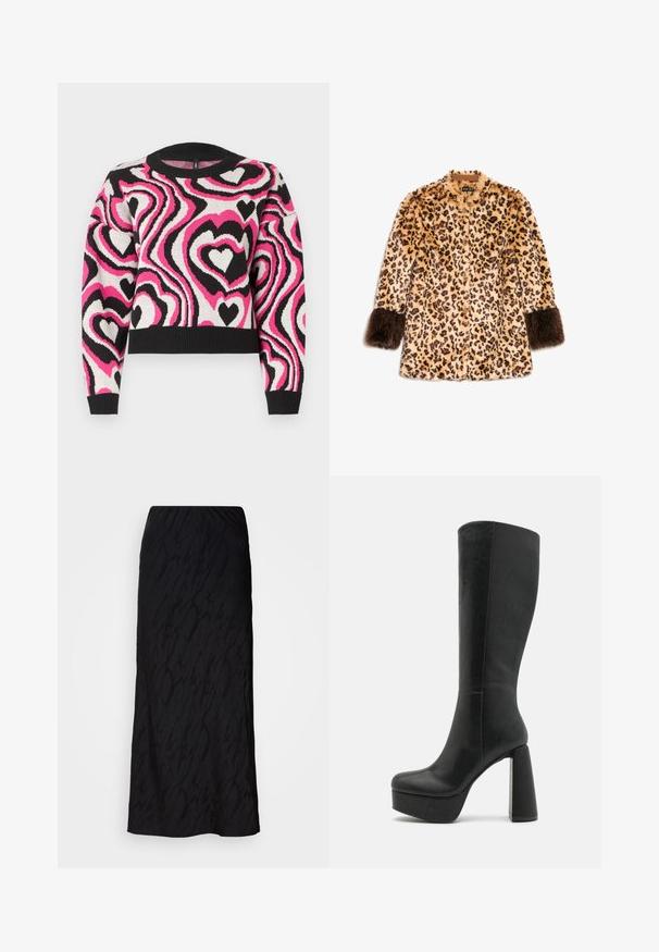 Veste en fausse fourrure imprimé léopard avec manches longues, poignets en fourrure marron et fermeture à boutons. Texture douce, couleur de base beige clair chaude.; Pull en tricot avec un motif ondulé de cœurs roses, blancs et noirs. Encolure et poignets côtelés ; design court. Texture douce.; Jupe maxi noire en tissu texturé avec un motif subtil. Elle présente une taille élastique et une silhouette fluide.; DeeZee Bottes à talons hauts - black