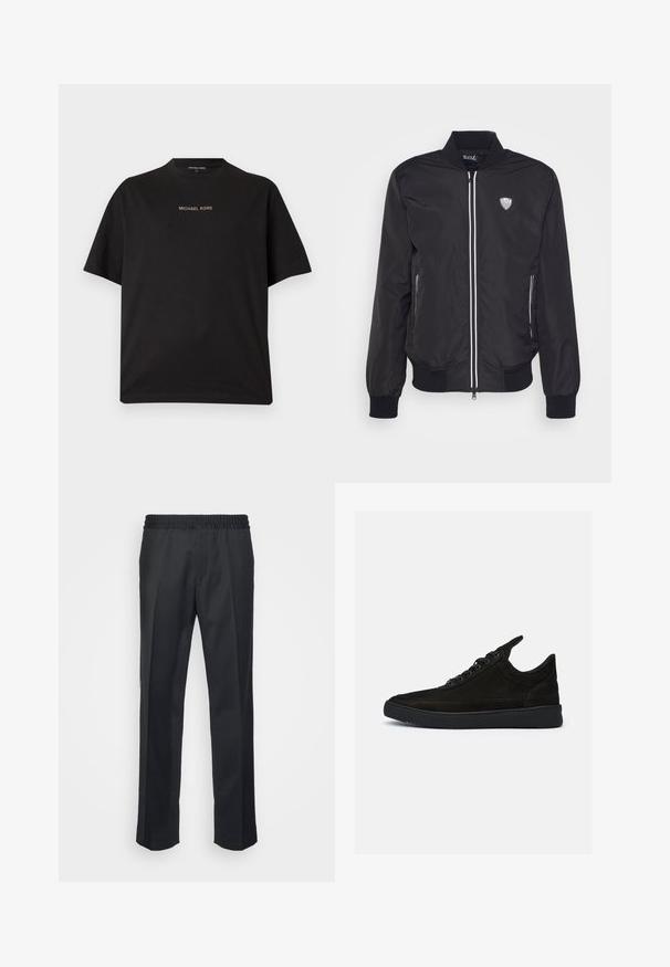 Zwarte bomberjack gemaakt van gladde stof, met een ritssluiting, witte accenten, zijzakken en een logo patch op de linkerborst.; Zwart T-shirt met korte mouwen en ronde hals met het "MICHAEL KORS"-logo gecentreerd in kleine gouden letters op de borst.; Zwarte broeken met een relaxte pasvorm, voorzien van een elastische tailleband, rechte pijpen en een zachte, gladde stofstructuur.; Zwarte suède sneakers met een lage profiel, ronde neus en een gestructureerde rubberen zool. Beschikt over vijf veterogen en een achterste lus.