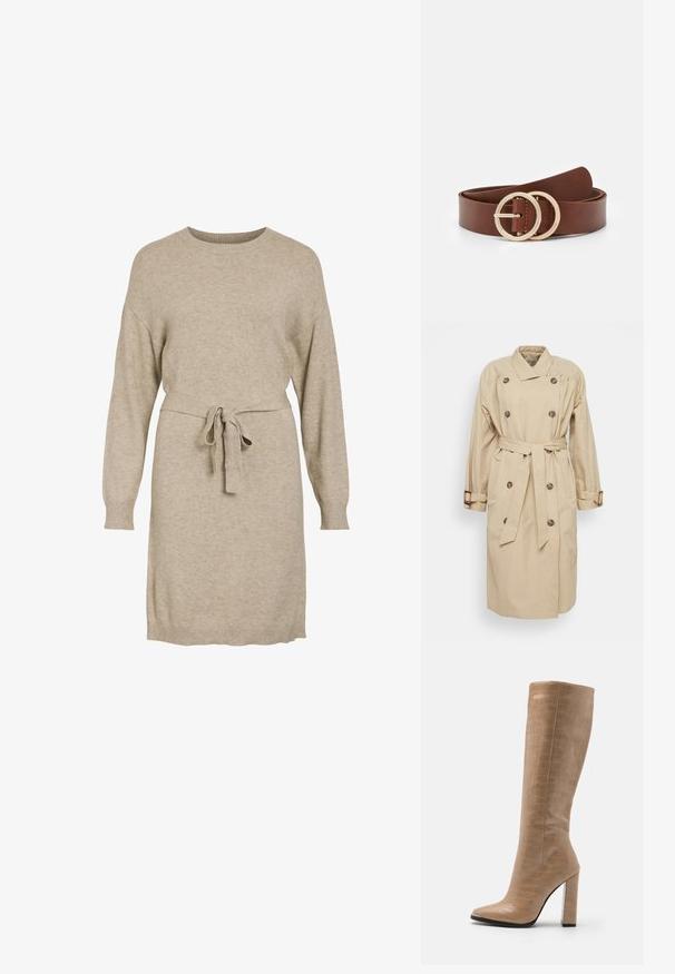 Sofie Schnoor Trenssi - beige; Beige neulemekko pitkillä hihoilla, pyörökaula-aukolla ja vyötäröllä sitomisvyöllä. Ominaisuuksia ovat ribbitut hihat ja helma tekstuurikontrastia varten.; RAID JOCELYN - Saappaat - nude; Ruskea nahkavyö, jossa on kaksi pyöreää kultasävyistä solkea, sileä pinta ja minimalistinen muotoilu. Pituus ja leveys vaihtelevat.