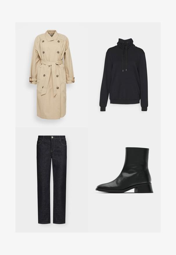 Sofie Schnoor Trenchcoat - beige; Zwarte sweatshirt met een hoge kraag, lange mouwen en verstelbare koorden. Zachte textuur met geribbelde manchetten en een losse pasvorm. Geen patronen of graphics.; Zwarte rechte spijkerbroek met voorzakken, riemlussen en knoopsluiting op een effen achtergrond.; Zwarte enkelboot van glanzend leer, met een slank ontwerp, spitse neus en een gematigde blokhak voor stabiliteit.