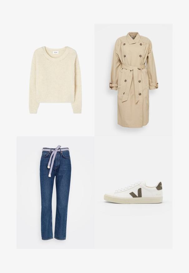 Sofie Schnoor Trenssi - beige; Kermanvärinen neulepaita, jossa on pyöreä pääntie ja ribbineulos, pitkät hihat ja väljä istuvuus. Ei näkyviä koristeita tai kuvioita.; Scotch & Soda THE BAY BOYFRIEND - Relaxed fit -farkut - blauw bloom; Valkoiset nahkakengät, joissa on teksturoitu beige kumipohja, ja sivussa on vaikuttava ruskea "V"-logo sekä yhteensopivat mokkaakkoset.