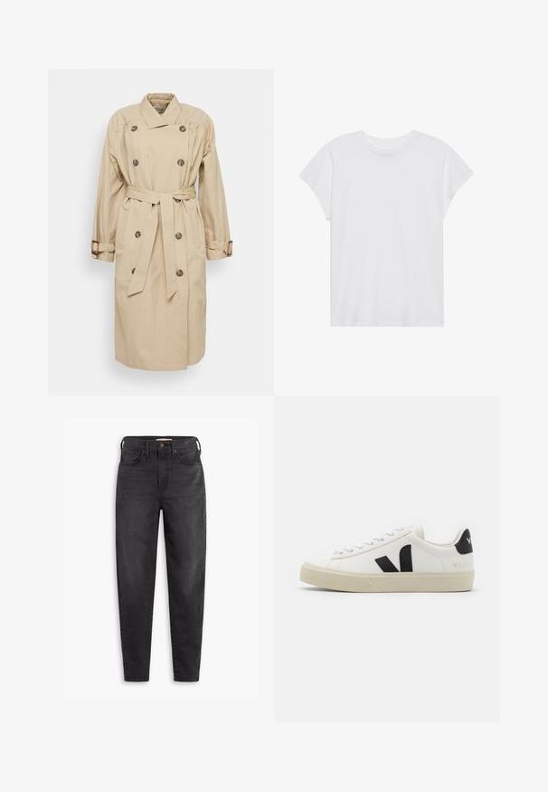 Sofie Schnoor Trenchcoat - beige; Weißes kurzärmliges T-Shirt mit Rundhalsausschnitt, lockerer Passform, aus weichem Baumwollstoff. Glatte Textur, keine Muster oder Logos.; Schwarze hochgeschnittene Slim-Fit-Jeans mit Vorder- und Gesäßtaschen, Knopfverschluss und Gürtelschlaufen, auf einem weißen Hintergrund präsentiert.; Weißes Leder-Sneaker mit schwarzem Gummi-V-Logo. Strukturierte cremefarbene Sohle, weiße Schnürsenkel und Fersendetail in Schwarz mit dem Markennamen.