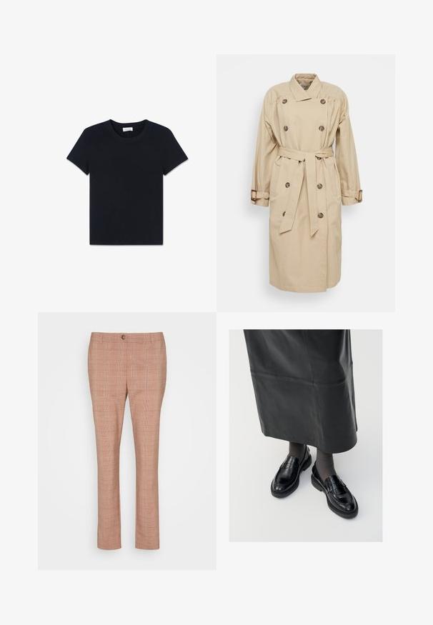 Sofie Schnoor Trenčkot - beige; Jednoduché čierne tričko s krátkym rukávom a okrúhlym výstrihom, položené na rovnom bielom pozadí.; Expresso PANTS 7/8 SLIT HEM - Nohavice - gravel; Čierne kožené poltopánky s hladkým povrchom, s dekoratívnym pásikom, okrúhlou špičkou a textúrovanou podrážkou. Nosené s dlhou čiernou koženou sukňou.