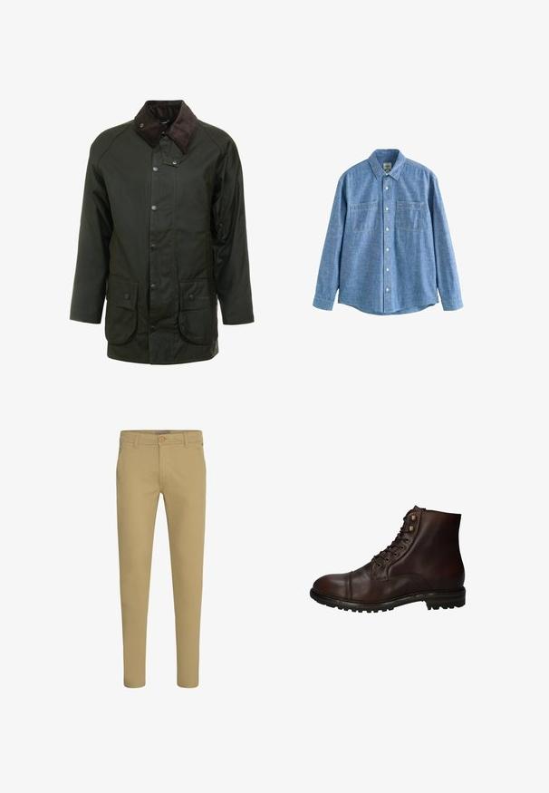 Dunkelgrüne wasserdichte Jacke mit einem Cordkragen, Druckknopfverschlüssen und zwei Fronttaschen. Einfaches Design mit geradem Schnitt.; Langärmliges blaues Chambray-Hemd mit Knopfleiste und zwei Brusttaschen, flach auf weißem Hintergrund liegend.; Slim-Fit beige Chinos mit Knopf- und Reißverschluss, schrägen Vordertaschen und Gürtelschlaufen, auf weißem Hintergrund dargestellt.; Dunkelbraune Leder Schnürstiefelette mit robustem Gummisohlen und Metallösen, von der Außenseite betrachtet.