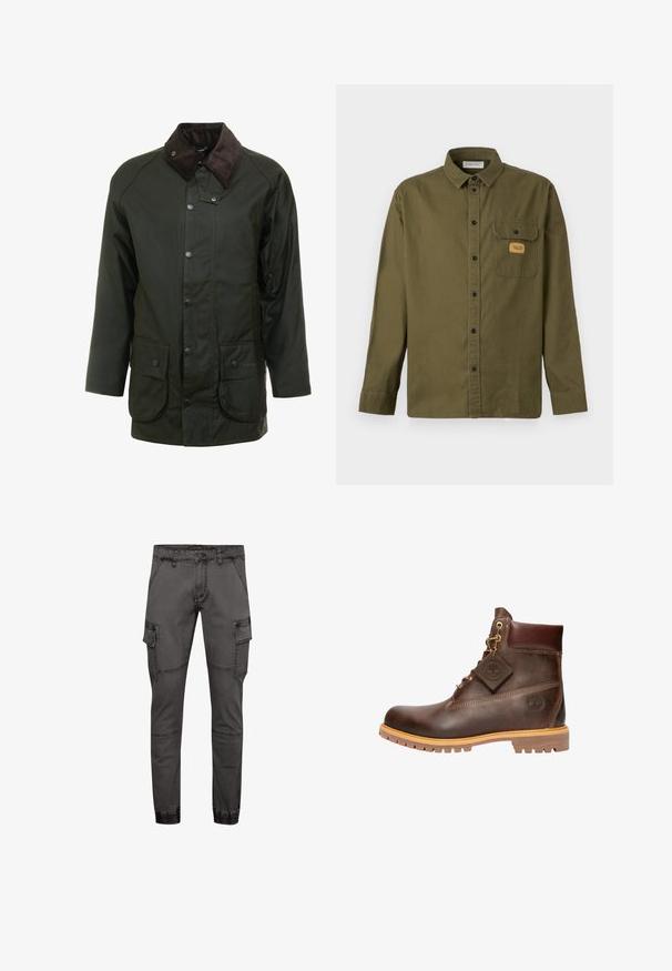 Veste imperméable vert foncé avec un col en velours côtelé, des fermetures à pression et deux poches avant. Design simple avec une coupe droite.; Chemise pour homme à manches longues, de couleur vert olive, avec col, poche poitrine à boutons et petite étiquette de marque beige sur la poche.; Pantalons cargo gris au design ajusté, fabriqués en denim, avec des poches latérales, des coutures texturées et des ourlets élastiqués pour un ajustement confortable.; Bottine en cuir marron avec un bout rond, une semelle robuste, des éléments en doré et un dessus texturé. Comprend une étiquette de logo attachée.