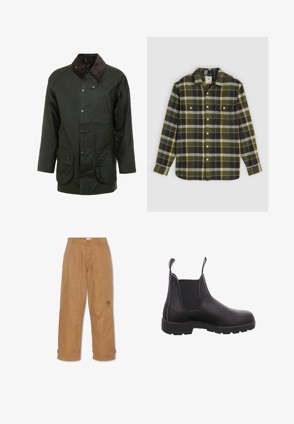 Veste imperméable vert foncé avec un col en velours côtelé, des fermetures à pression et deux poches avant. Design simple avec une coupe droite.; Chemise en flanelle à carreaux verts avec manches longues, dotée de deux poches poitrine et de boutons blancs. Le matériau a une texture douce et un design décontracté.; Pantalons de travail khaki, fabriqués en tissu durable, dotés de plusieurs poches, d'une fermeture à bouton et d'un logo brodé sur la cuisse.; Bottine en cuir noir avec panneaux élastiques sur les côtés, bout rond et semelle en caoutchouc. Dispose d'une languette à l'arrière pour un enfilage facile.