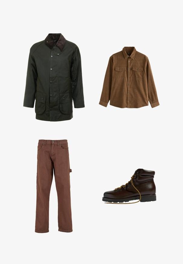 Donkergroene waterdichte jas met een corduroy kraag, drukknopen en twee voorzakken. Eenvoudig ontwerp met een rechte snit.; Bruine corduroy blouse met lange mouwen, drukknoopjes aan de voorkant en twee knoopsluitbare borstzakken, plat neergelegd op een witte achtergrond.; Bruine cargobroek van stevig materiaal, met een recht pasvorm, voorzakken en een zijzak met een klep.; Bruine leren wandelschoen met een ronde neus, gestructureerd oppervlak, gele veters en metalen oogjes. Heeft een robuuste zwarte rubberen zool.