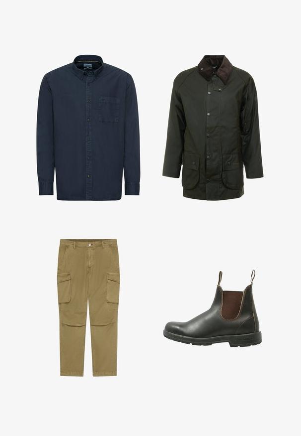 Dunkelgrüne wasserdichte Jacke mit einem Cordkragen, Druckknopfverschlüssen und zwei Fronttaschen. Einfaches Design mit geradem Schnitt.; Marineblaue Button-Down-Hemd aus Baumwolle. Verfügt über einen klassischen Kragen, lange Ärmel, eine einzelne Brusttasche und dezente Nähdetails.; Khakifarbene Cargohosen mit Knopf- und Reißverschluss, ausgestattet mit seitlichen Klappentaschen und schrägen Vorderentaschen.; Chelsea-Boots aus glattem schwarzem Leder mit braunen elastischen Seitenteilen, kontrastierenden Nähten und einer strukturierten Gummisohle.
