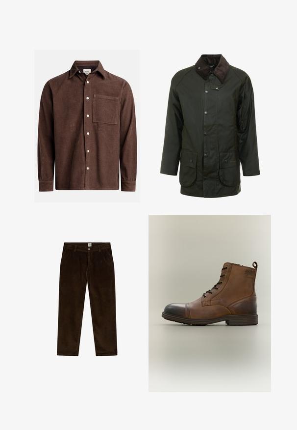 Veste imperméable vert foncé avec un col en velours côtelé, des fermetures à pression et deux poches avant. Design simple avec une coupe droite.; Chemise en velours côtelé marron avec un col boutonné, poche avant, boutons blancs et manches longues avec des poignets boutonnés. Détail de tissu texturé.; Pantalon en velours côtelé brun foncé avec poches avant, passants de ceinture et fermeture par bouton à la taille de la marque Lee.; Botte cheville en cuir marron à lacets avec bout noir, semelle ronde et détail de marque sur le côté sur fond uni.