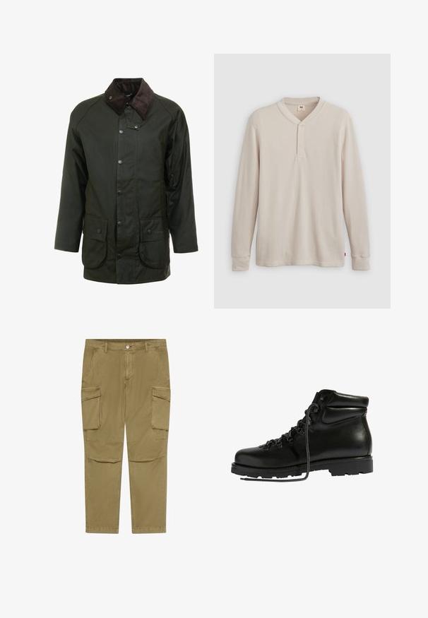 Donkergroene waterdichte jas met een corduroy kraag, drukknopen en twee voorzakken. Eenvoudig ontwerp met een rechte snit.; Lange mouwen henley-shirt in lichtbeige ribbelstof, met een V-hals, een drieknoopsluiting en manchetten. Rode logo-label aan de onderkant.; Khaki cargobroek met knopen- en ritssluiting, voorzien van zijflappzakken en schuin geplaatste voorzakken.; Zwarte leren wandelschoen met een gevoerde kraag, grijze veters, metalen oogjes en een robuuste rubberen zool met diepe profielen voor grip.