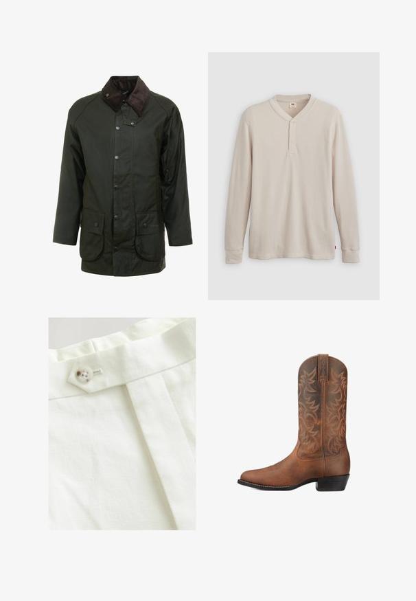 Donkergroene waterdichte jas met een corduroy kraag, drukknopen en twee voorzakken. Eenvoudig ontwerp met een rechte snit.; Lange mouwen henley-shirt in lichtbeige ribbelstof, met een V-hals, een drieknoopsluiting en manchetten. Rode logo-label aan de onderkant.; Witte stof met een gladde textuur, voorzien van een enkele knoopsluiting, een geplooid ontwerp en nette stikdetails.; Bruine leren cowboylaars met gestikte decoratieve patronen en een lage gestapelde hak, vanuit de zijkant getoond tegen een witte achtergrond.