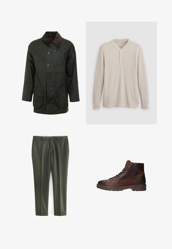 Veste imperméable vert foncé avec un col en velours côtelé, des fermetures à pression et deux poches avant. Design simple avec une coupe droite.; T-shirt henley à manches longues en tissu côtelé beige clair, avec un col en V, une patte de boutonnage à trois boutons et des manches à poignets. Étiquette logo rouge à l'ourlet.; Pantalons vert foncé en tissu texturé, dotés de poches latérales, d'une fermeture à bouton sur le devant et de poignets retroussés pour un look soigné.; Des bottes montantes en cuir marron présentent une texture lisse, un bout arrondi, un design à lacets et des œillets en métal, avec une semelle en caoutchouc marron contrastante.