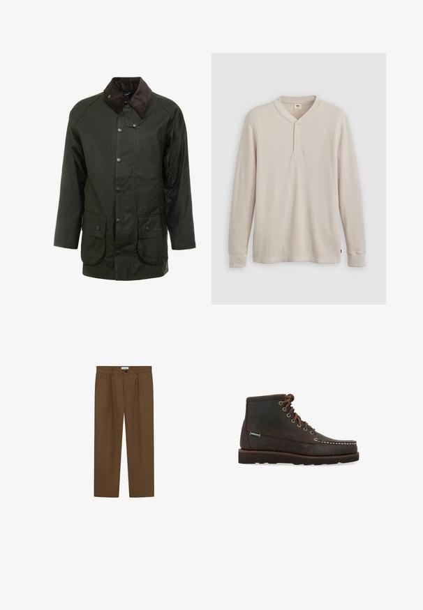 Veste imperméable vert foncé avec un col en velours côtelé, des fermetures à pression et deux poches avant. Design simple avec une coupe droite.; T-shirt henley à manches longues en tissu côtelé beige clair, avec un col en V, une patte de boutonnage à trois boutons et des manches à poignets. Étiquette logo rouge à l'ourlet.; Pantalon tailleur marron en tissu lisse, avec une taille plate, deux poches latérales et une fermeture à un bouton à la taille.; Sebago Bottines à lacets - marrone