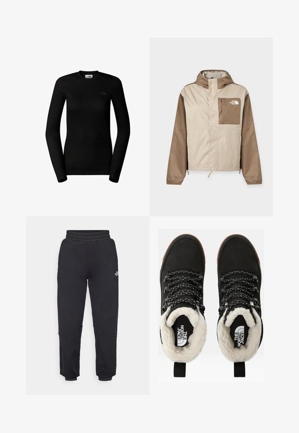 Lysebeige og brun hættetrøjejakke med fuld lynlås foran og en brun brystlomme med The North Face-logo på højre side.; The North Face W EASY L/S CREW NECK - Langærmet T-shirt - tnf black; The North Face W MOUNTAIN ATHLETICS - Træningsbukser - black; Sorte vandtætte ankelstøvler med for af faux pels, tekstureret stof, snørebånd med hvidt og sort mønster samt en løkker ved hælen.