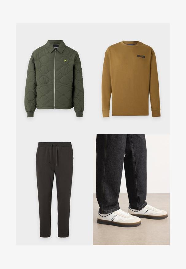 Olivengrøn quiltet jakke med lynlås foran, rund krave, ribbede manchetter og lille gul logo på venstre bryst.; Langærmet t-shirt med rund hals i brunt bomuld. Har et sort logo på venstre bryst og ribbede manchetter. Glat tekstur, normal pasform.; Mørkegrå sweatpants lavet af blødt stof, med en elastisk talje med snøre, tætsiddende ben og elastiske manchetter ved anklerne.; Hvide og lysegrå sneakers med en tekstureret ruskind- og læderoverdel, brun gummisål og marineblå accentstribe. Båret med mørke jeans.