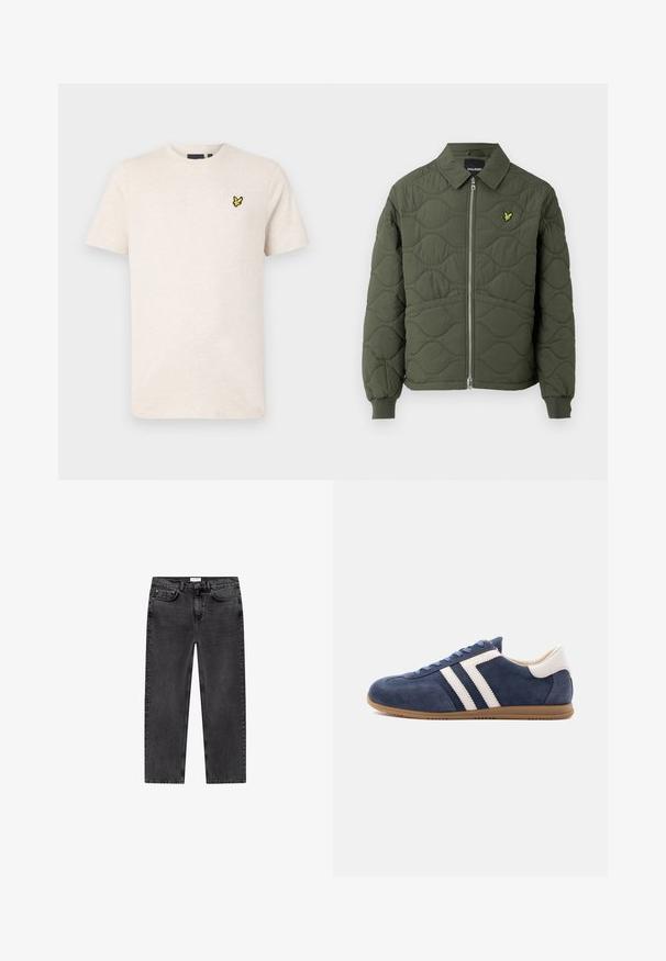 Olivgrüne gesteppte Jacke mit Reißverschluss vorne, runder Kragen, gerippte Bündchen und kleinem gelben Logo auf der linken Brust.; Beige kurzärmeliges T-Shirt mit Rundhalsausschnitt und kleinem gelbem Vogel-Logo auf der linken Brust, vor einfarbigem Hintergrund dargestellt.; Schwarze Denim-Jeans im geraden Schnitt mit einem Knopfverschluss, fünf Taschen und dezenten Steppdetails. Der Stoff hat eine glatte, leicht abgenutzte Textur.; Blauer Wildledersneaker mit weißen Lederstreifen, beigem Absatz, Gummisohle und blauen Schnürsenkeln, seitlich auf weißem Hintergrund abgebildet.