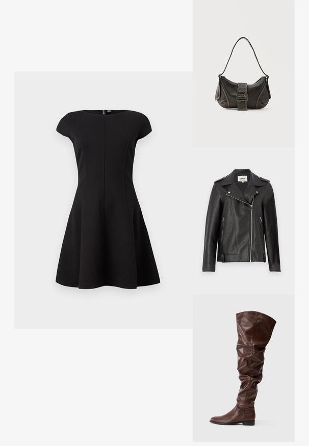 Schwarze Leder-Motorradjacke mit Reverskragen, asymmetrischem Reißverschluss in der Vorderseite und seitlichen Taschen. Sie verfügt über silberne Beschläge und eine strukturierte Oberfläche.; Schwarzes Kleid mit kurzen Ärmeln und tailliertem Oberteil sowie ausgestellt Rock. Glattes Material, knielanges Design und ein verdeckter Reißverschluss im Rücken.; Braune Leder-Stiefel, die über das Knie reichen, mit einem lässigen Design, runder Spitze und niedrigem Blockabsatz. Glatte Textur und minimale Nahtdetails.; Schwarze Leder-Schultertasche mit Schnallengurt-Detail, abgerundeten Kanten und kontrastierenden weißen Nähten auf schlichtem Hintergrund.
