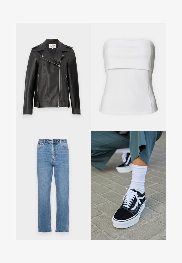 Veste de moto en cuir noir avec col cranté, fermeture éclair asymétrique à l'avant et poches latérales. Comprend des fournitures en argent et une finition texturée.; Haut blanc sans bretelles en tissu léger ; présente une taille cintrée et un design rabattu au niveau de la poitrine pour un look structuré.; Jean en denim bleu clair avec une coupe droite, cinq poches, fermeture à bouton à l'avant et décoloration subtile sur le tissu.; Baskets en suède noir avec des accents et des lacets blancs, présentant une épaisse semelle blanche et des coutures contrastantes, associées à une chaussette blanche.