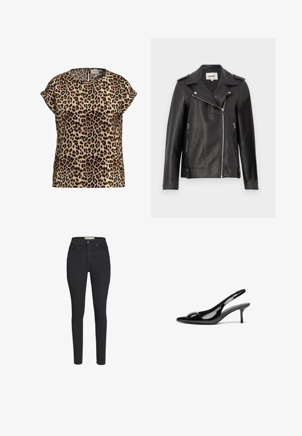 Veste de moto en cuir noir avec col cranté, fermeture éclair asymétrique à l'avant et poches latérales. Comprend des fournitures en argent et une finition texturée.; Top en imprimé léopard, à manches courtes, col rond, en tissu soyeux ; présente un fond beige avec des taches noires et brunes.; Jean skinny noir taille haute en denim avec une texture lisse, doté d'une fermeture à bouton à l'avant et de deux poches avant.; Escarpins slingback en cuir verni noir avec un bout pointu et une finition brillante. Présente un talon fin et un accent arrondi au dessus du pied.