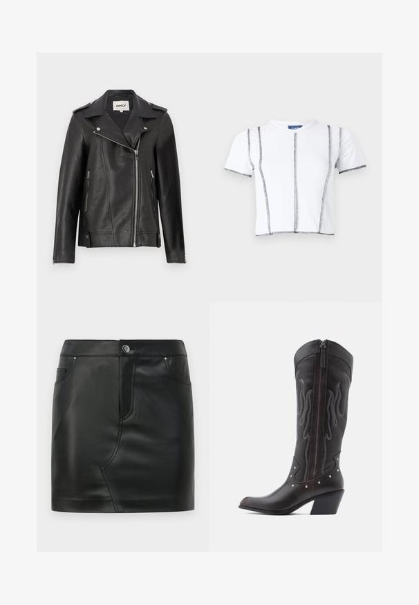 Schwarze Leder-Motorradjacke mit Reverskragen, asymmetrischem Reißverschluss in der Vorderseite und seitlichen Taschen. Sie verfügt über silberne Beschläge und eine strukturierte Oberfläche.; Weißes Kurzarm-T-Shirt mit schwarzem Stich, mit einem verkürzten Design und sichtbaren Nahtlinien. Aus weichem Baumwollmaterial, runder Ausschnitt.; Schwarzer MINI ROCK aus Kunstleder mit vorderem Knopf, Reißverschluss, vorderen und hinteren Taschen sowie Nahtdetails.; Braune Cowboy-Stiefel aus Leder mit Flammenstickerei, seitlichem Reißverschluss, silbernen Nieten, spitzer Zehenpartie und geschichtetem Absatz.