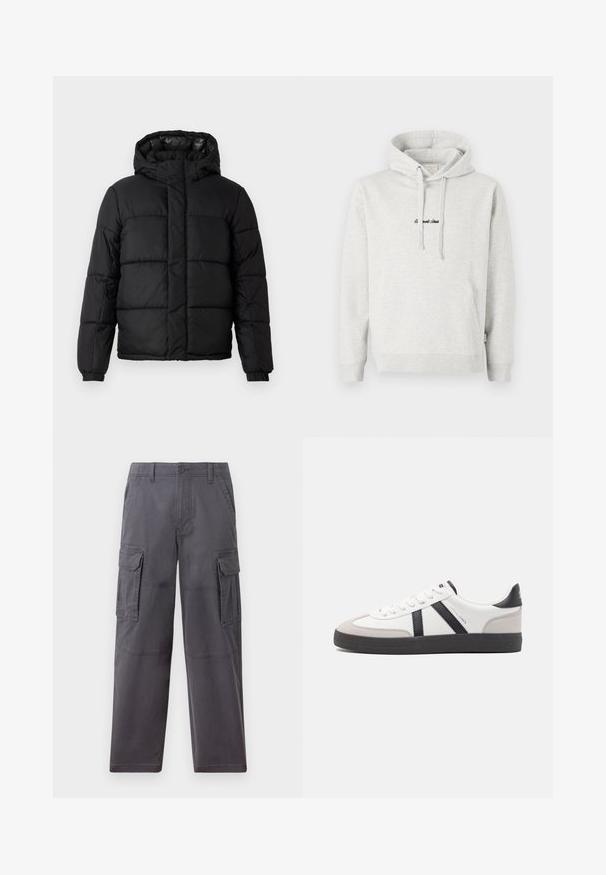 Veste matelassée noire avec capuche, dotée d'un design matelassé, d'une fermeture éclair et de poignets élastiques. Matériau lisse et léger avec une finition brillante.; Hoodie gris clair avec une poche kangourou, capuche avec cordon de serrage et texte brodé en noir sur le devant. Tissu en mélange de coton, poignets côtelés.; Hollister Co. SKATER BAGGY - Pantalon cargo - grey; Baskets blanches avec des accents noirs et gris, présentant un embout texturé gris, une semelle en caoutchouc noir et des lacets plats blancs. Design épuré, style minimaliste.