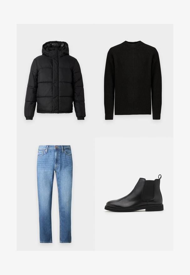 Veste matelassée noire avec capuche, dotée d'un design matelassé, d'une fermeture éclair et de poignets élastiques. Matériau lisse et léger avec une finition brillante.; Pull noir à côtes avec manches longues et col rond, présenté à plat sur un fond blanc uni.; Jean en denim bleu clair avec une coupe droite, un design à cinq poches, et une ceinture dotée d'un bouton et d'une fermeture éclair. Texture lisse.; Bottines Chelsea en cuir noir avec panneaux élastiques sur les côtés et une languette. Bout arrondi et semelle en caoutchouc plate, mettant en valeur une finition lisse.