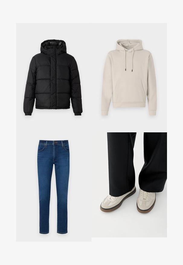 Chaqueta acolchada negra con capucha, que presenta un diseño acolchado, cierre de cremallera y puños elásticos. Material suave y ligero con un acabado brillante.; Sudadera con capucha en color beige claro, que cuenta con un bolsillo frontal, cordones y puños acanalados. Fabricada en tejido suave y liso con un corte relajado.; Vaqueros de denim azul oscuro con un diseño de pierna recta, bolsillos frontales y un cierre de botón en la cinturilla. Textura suave, detalles mínimos.; Pies con zapatillas beige con suelas marrones y pantalones negros de pierna ancha sobre un fondo blanco.