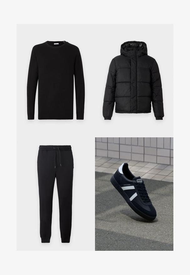 Chaqueta acolchada negra con capucha, que presenta un diseño acolchado, cierre de cremallera y puños elásticos. Material suave y ligero con un acabado brillante.; Suéter negro de cuello redondo, de manga larga, tejido de punto, con puños y dobladillo de canalé, diseño minimalista, textura suave, sin patrones visibles.; Pantalones de chándal negros con cintura elástica y cordón, puños ajustados y textil suave. Diseño simple y minimalista sin patrones ni acentos.; Zapatilla de cuero negra con rayas blancas, suela de goma texturizada y parte frontal con cordones. Cuenta con una etiqueta de marca en la lengüeta.