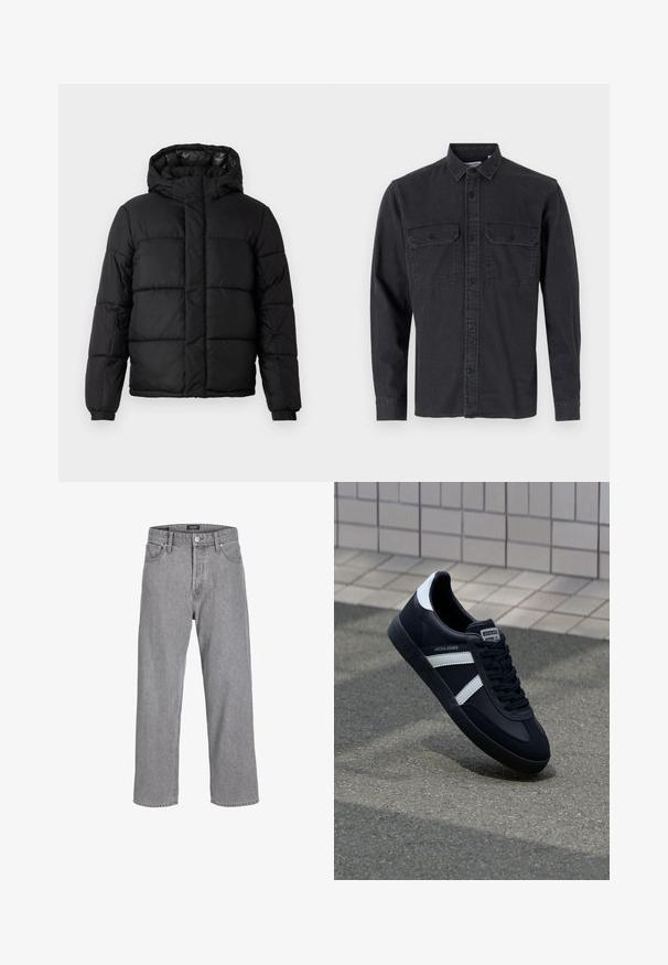 Veste matelassée noire avec capuche, dotée d'un design matelassé, d'une fermeture éclair et de poignets élastiques. Matériau lisse et léger avec une finition brillante.; Chemise à manches longues, de couleur gris foncé, à boutons, en mélange de coton, avec deux poches poitrine et col classique.; Pantalon en denim gris avec une coupe décontractée et ample. Il présente un design traditionnel à cinq poches et une fermeture à bouton à la taille.; Sneaker en cuir noir avec des rayures blanches, semelle en caoutchouc texturée et devant à lacets. Présente une étiquette de marque sur la languette.