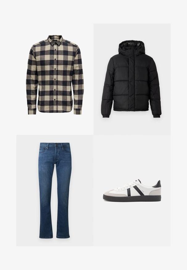 Veste matelassée noire avec capuche, dotée d'un design matelassé, d'une fermeture éclair et de poignets élastiques. Matériau lisse et léger avec une finition brillante.; Chemise en flanelle pour homme en noir et crème, présentant un motif à carreaux classique, un col boutonné et des manches longues avec poignets à boutons.; Jeans en denim droits bleu avec cinq poches et fermeture à bouton, présentant de légères décolorations aux cuisses et aux genoux.; Baskets blanches avec des accents noirs et gris, présentant un embout texturé gris, une semelle en caoutchouc noir et des lacets plats blancs. Design épuré, style minimaliste.