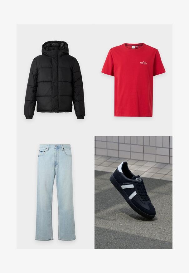 Chaqueta acolchada negra con capucha, que presenta un diseño acolchado, cierre de cremallera y puños elásticos. Material suave y ligero con un acabado brillante.; Pepe Jeans THIAGO TEE - Camiseta estampada - rugby red; Vaqueros de mezclilla azul claro con un diseño holgado y de pierna ancha. Cuenta con cinco bolsillos, presillas para cinturón y un cierre de cremallera con botón.; Zapatilla de cuero negra con rayas blancas, suela de goma texturizada y parte frontal con cordones. Cuenta con una etiqueta de marca en la lengüeta.