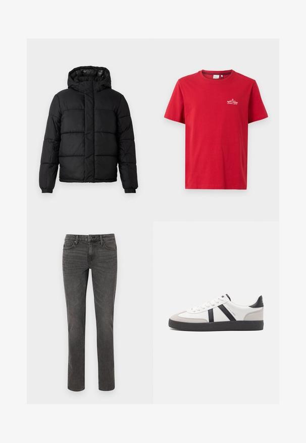 Veste matelassée noire avec capuche, dotée d'un design matelassé, d'une fermeture éclair et de poignets élastiques. Matériau lisse et léger avec une finition brillante.; Pepe Jeans THIAGO TEE - T-shirt imprimé - rugby red; Jeans en denim gris avec une coupe droite, des détails de couture, cinq poches et un bouton métallique de fermeture à la taille.; Baskets blanches avec des accents noirs et gris, présentant un embout texturé gris, une semelle en caoutchouc noir et des lacets plats blancs. Design épuré, style minimaliste.