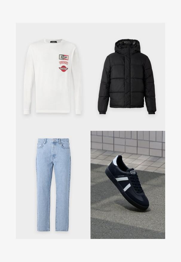 Chaqueta acolchada negra con capucha, que presenta un diseño acolchado, cierre de cremallera y puños elásticos. Material suave y ligero con un acabado brillante.; Camisa blanca de manga larga con tres parches rojos y negros en el lado izquierdo del pecho: "REPLAY", "SPECIALIST" y un logo de una V alada.; Vaqueros de mezclilla de color azul claro con un diseño de pierna recta, cinco bolsillos y cierre de botones. Textura suave con un acabado clásico descolorido.; Zapatilla de cuero negra con rayas blancas, suela de goma texturizada y parte frontal con cordones. Cuenta con una etiqueta de marca en la lengüeta.