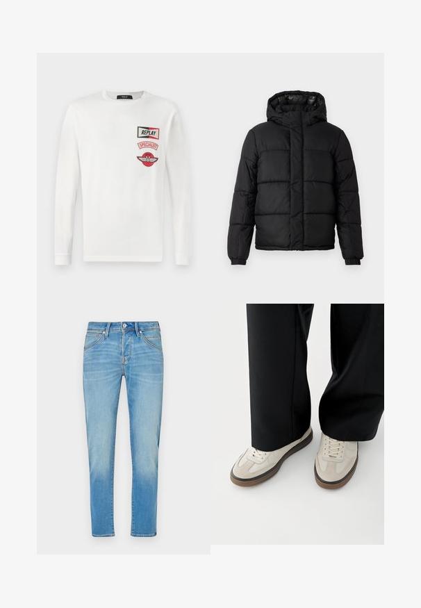 Zwarte pufferjas met capuchon, met een gequilt ontwerp, ritsluiting en elastische manchetten. Glad, lichtgewicht materiaal met een glanzende afwerking.; Witte langesleeve shirt met drie rode en zwarte patches op de linkerkant van de borst: "REPLAY," "SPECIALIST," en een vleugellogo van V.; Lichtblauwe denim jeans met een rechtvallend ontwerp, voorzien van een knoopsluiting, vijf zakken en subtiele vervaging op de stof.; Voeten met beige sneakers met bruine zolen en zwarte wijde broekspijpen op een witte achtergrond.