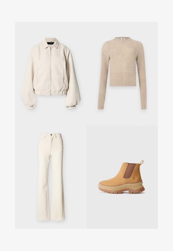 Flødefarvet lynlåstrøje med skjortekrave, lange puffede ærmer og elastisk kant mod en ensfarvet baggrund.; Beige strikket sweater med lange ærmer og rund halsudskæring. Ribbet tekstur, kort længde og afslappet pasform.; Offwhite, højtaljede jeans med forreste knap, lynlås, for- og baglommer samt let udvidet benstil.; Brune læder ankelstøvle med elastiske sidepaneler, afrundet tå og tyk gummisål med dyb profil; har en trækstrop bag på hælen.