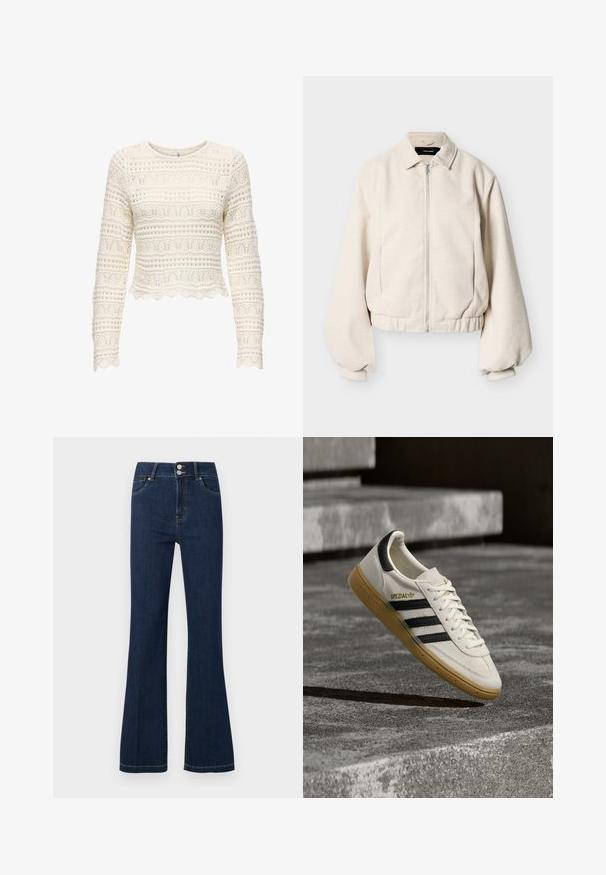 Veste à fermeture éclair de couleur crème avec col chemise, manches longues bouffantes et ourlet élastiqué sur un fond uni.; Pull court à manches longues de couleur crème avec un design en tricot ouvert, présentant des motifs horizontaux et verticaux, et un ourlet festonné.; Jean en denim bleu foncé avec taille haute, double bouton de fermeture, poches avant et jambes légèrement évasées.; Baskets Adidas Spezial blanches avec des rayures noires et une semelle en gomme flottant au-dessus de marches en pierre grises à l'extérieur.