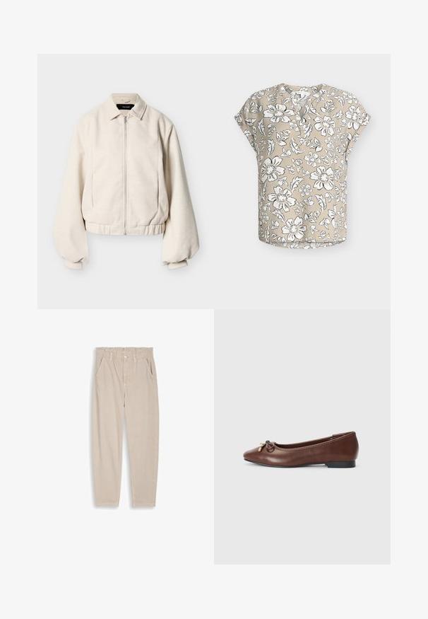 Veste à fermeture éclair de couleur crème avec col chemise, manches longues bouffantes et ourlet élastiqué sur un fond uni.; Blouse beige à manches courtes avec motif floral blanc et noir, encolure ronde avec patte de boutonnage partielle, et coupe décontractée.; Pantalon beige à jambes droites avec taille élastique, passants pour ceinture, fermeture par bouton et poches avant, présenté sur un fond uni.; Ballerines en cuir marron avec un bout rond, un petit talon noir et un nœud décoratif avec des accents dorés à l'avant. Texture lisse.