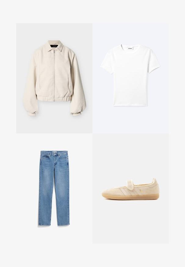 Crèmekleurig jack met ritssluiting, overhemdkraag, lange opgepofte mouwen en elastische zoom tegen een effen achtergrond.; Effen wit T-shirt met korte mouwen en ronde hals met een klein "WEEKDAY" label aan de binnenkant van de hals, plat neergelegd op een lichte achtergrond.; Lichtblauwe denim jeans met een rechtlopende pasvorm, vijf zakken en een knoopsluiting; beschikt over subtiele vervaging en stiksel details.; Beige suède Mary Jane sneaker met klittenbandsluiting, rubberen zool, drie gestikte strepen en gouden "SAMBA"-branding aan de zijkant.