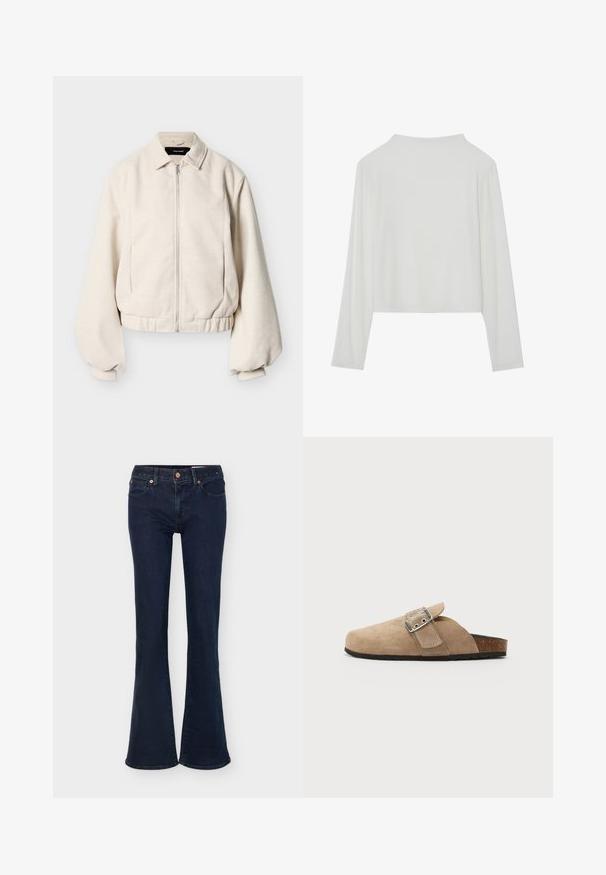 Veste à fermeture éclair de couleur crème avec col chemise, manches longues bouffantes et ourlet élastiqué sur un fond uni.; Haut court à manches longues blanc en tissu côtelé. Doté d'un col arrondi et d'une coupe décontractée avec une texture douce et lisse.; Jean en denim bleu foncé avec taille haute, fermeture par bouton et zip, poches avant et jambes évasées.; Sandale en daim beige à enfiler avec une bride à boucle, bout arrondi et semelle en liège texturée. Semelle extérieure en caoutchouc noir. Design minimaliste.