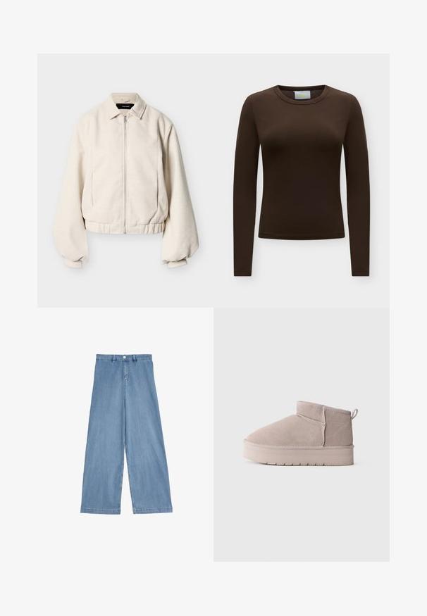 Flødefarvet lynlåstrøje med skjortekrave, lange puffede ærmer og elastisk kant mod en ensfarvet baggrund.; Langærmet, mørkebrun tætsiddende skjorte med rund hals og uden synlige mønstre eller designs på ensfarvet baggrund.; Lyseblå vide jeans lavet af denim. Har høj talje, frontlukning med knap og lige ben med en ren kant.; Lavskåret beige ruskinds vinterstøvle med tyk sål og bageste trækflap på ensfarvet hvid baggrund, vist i sideprofil.
