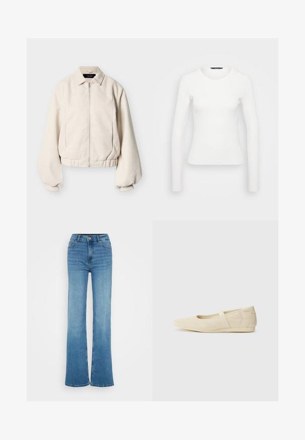 Crèmekleurig jack met ritssluiting, overhemdkraag, lange opgepofte mouwen en elastische zoom tegen een effen achtergrond.; Witte lange mouwen ribbelshirt met een ronde halslijn en een getailleerde pasvorm. Soepele textuur met een eenvoudig ontwerp, zonder patronen of accenten.; Lichtblauwe jeans met een hoge taille, brede pijpen, knoop- en ritssluiting aan de voorkant en zakken voor en achter.; Beige ballerina's met een gladde leren buitenkant, amandelvormige punt en elastische band over de wreef, met subtiele stiksels.