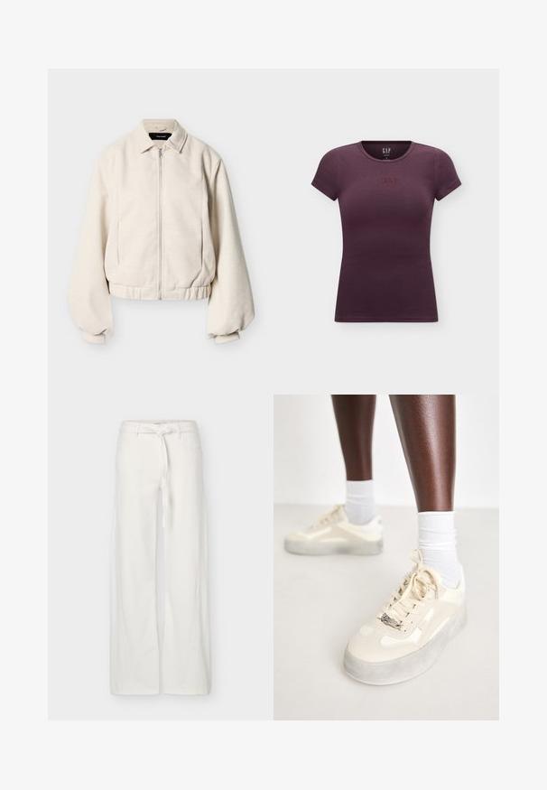 Flødefarvet lynlåstrøje med skjortekrave, lange puffede ærmer og elastisk kant mod en ensfarvet baggrund.; Mørkelilla, tætsiddende t-shirt med korte ærmer, rund hals og lille broderet GAP-logo centreret på brystet.; Hvide bukser med brede ben, frontlommer og et stofbælte bundet i taljen, vist på en ensfarvet baggrund.; Beige sneakers med glat læder og ruskindsdetaljer, grå gummisål, teksturerede mønstre og et metallisk brandlogo på siden.