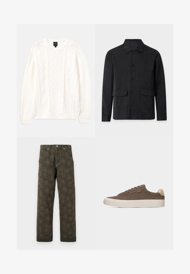 Veste noire pour homme à manches longues, boutonnée, avec col et deux poches avant à rabat sur un fond uni.; Pull en maille torsadée blanche avec un col rond, présentant des motifs en losanges, des poignets et un ourlet côtelés. Confectionné dans un tissu doux et texturé.; Pantalons vert foncé avec un imprimé floral subtil, boutons à l'avant, poches et ourlets retroussés.; Baskets basses marron avec languette de talon beige, semelle épaisse blanche et lacets marron assortis sur un fond uni.