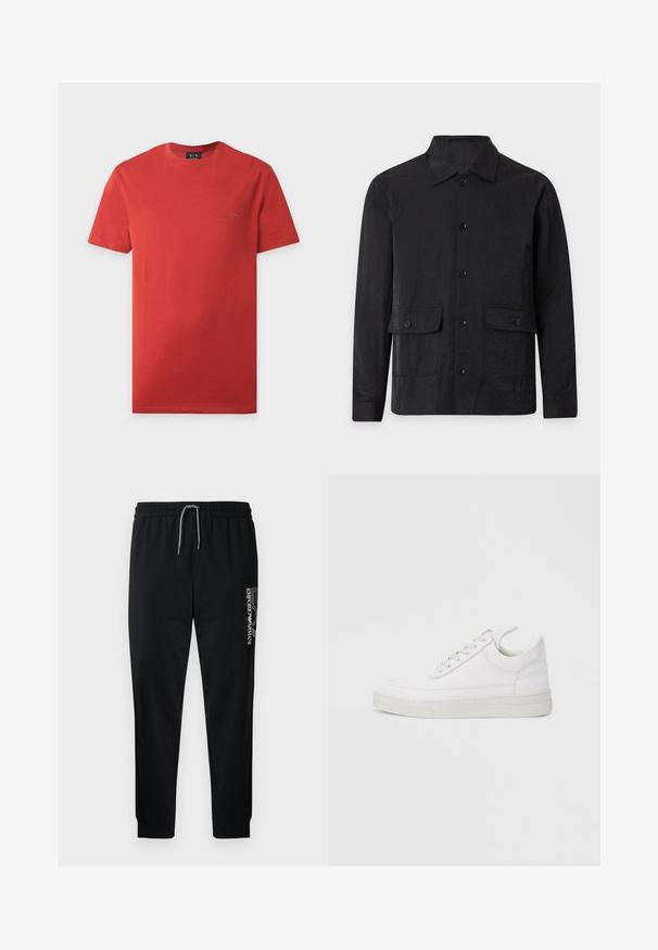 Veste noire pour homme à manches longues, boutonnée, avec col et deux poches avant à rabat sur un fond uni.; T-shirt rouge à manches courtes et col rond avec un logo Armani Exchange discret sur la poitrine gauche et une étiquette A|X sur le col.; Pantalon de survêtement noir avec taille élastique, cordon de serrage ajustable et logo imprimé sur le côté. Tissu lisse avec une coupe fuselée.; Baskets en cuir blanc avec un embout arrondi, une semelle plate et un laçage à l'avant. Présentent des détails de couture et un col rembourré pour plus de confort.