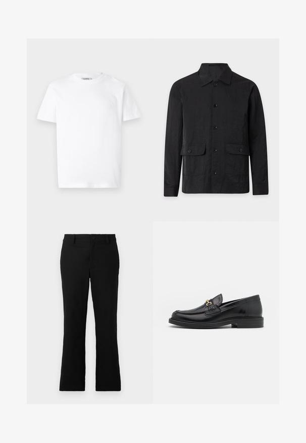 Veste noire pour homme à manches longues, boutonnée, avec col et deux poches avant à rabat sur un fond uni.; T-shirt en coton blanc avec un col rond et des manches courtes. Présente un petit logo en relief sur la poitrine gauche. Texture lisse.; Pantalons évasés noirs en tissu mélangé coton, dotés d'une fermeture à bouton, de passants de ceinture et d'une texture lisse sans motifs visibles.; Mocassins en cuir noir avec un embout rond, présentant des accents en métal doré et des détails de couture, montés sur une semelle en caoutchouc texturé et basse.